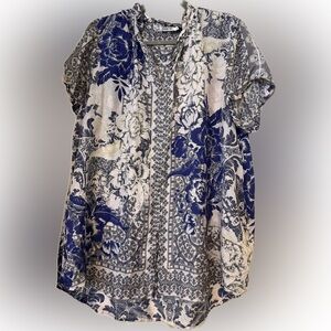 Johnny Was Blue and Cream Floral Tunic